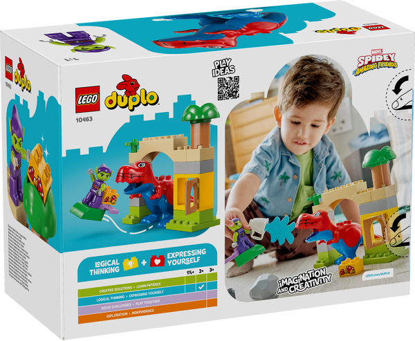 Lego DUPLO Dinosaur Spidey-Rex and Green Goblin playset with LEGO figures and colorful dinosaur and villain characters.