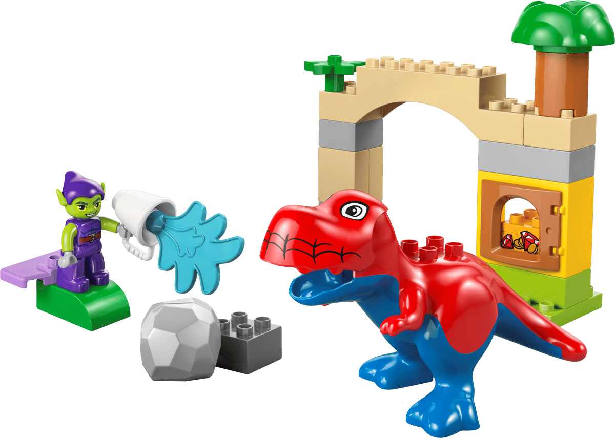 Lego DUPLO 10463 Dinosaur Spidey-Rex and Green Goblin playset with colorful Lego dinosaur and superhero figures.
