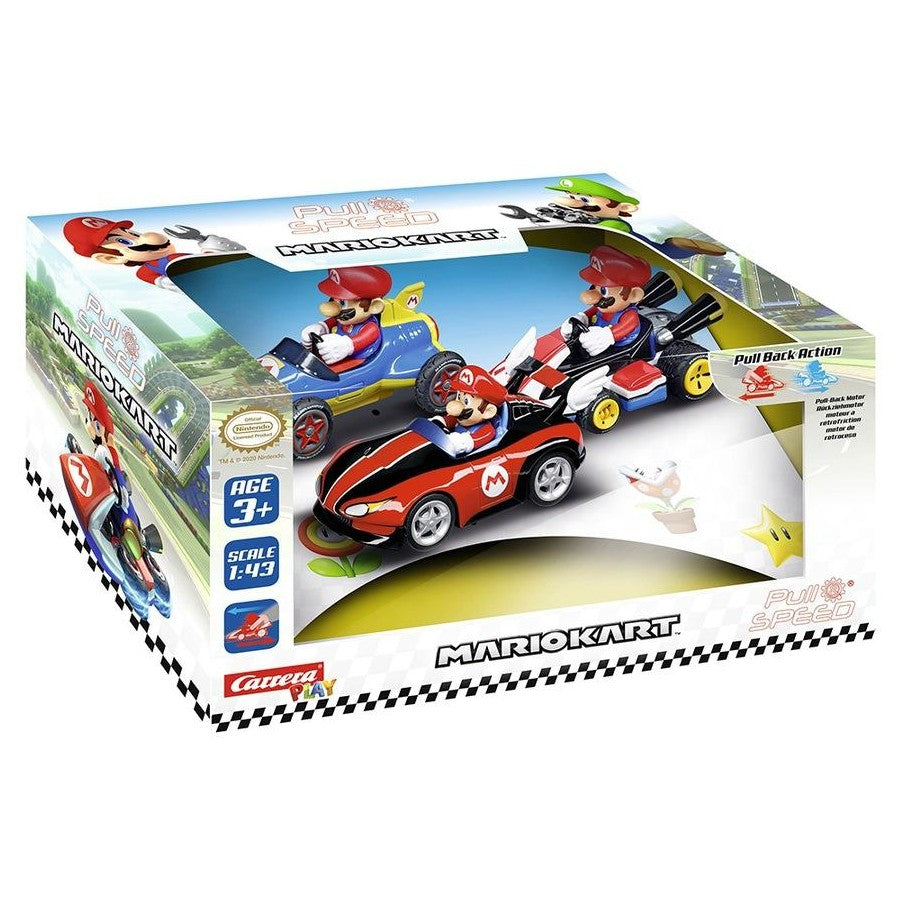 Carrera Pull & Speed Mario Kart triple pack toy set featuring Wii, MK8, and Mach 8 race cars on a white background.