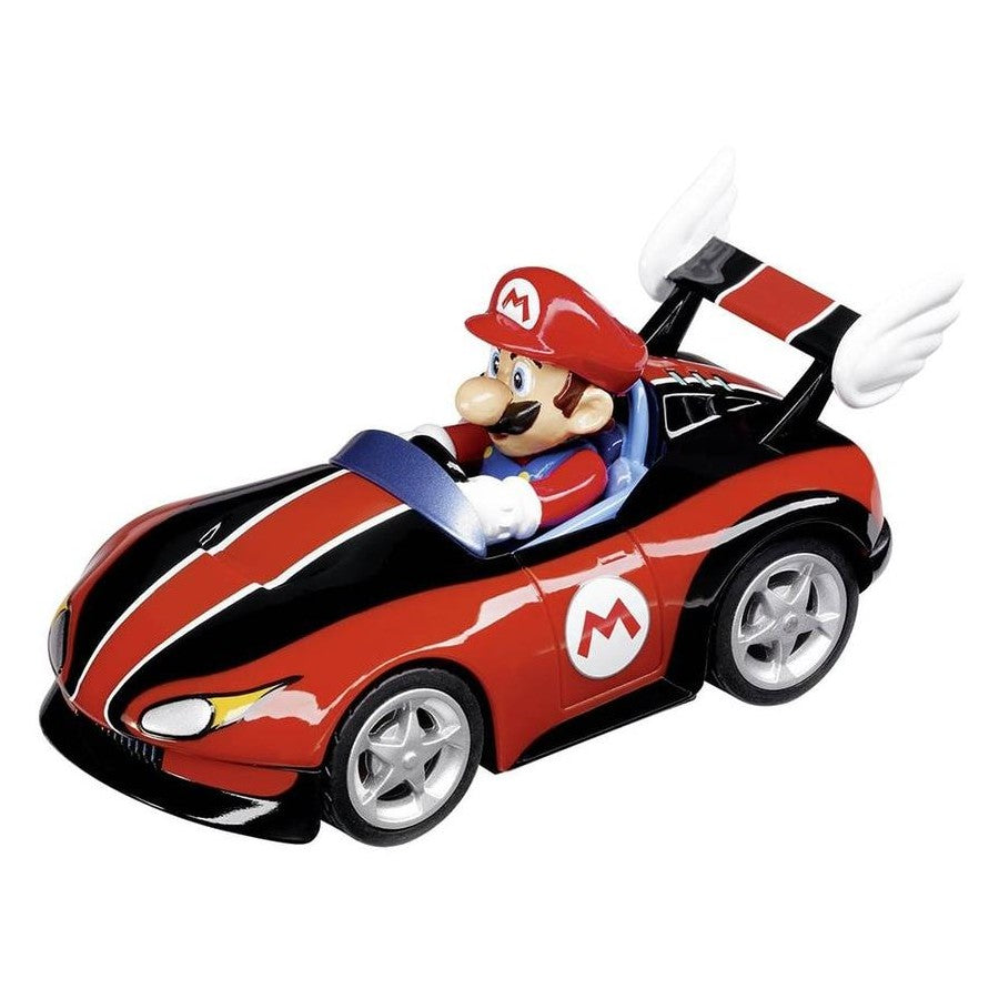 Carrera Pull & Speed Mario Kart triple pack toys featuring MK8 and Mach 8 race cars on a display card.