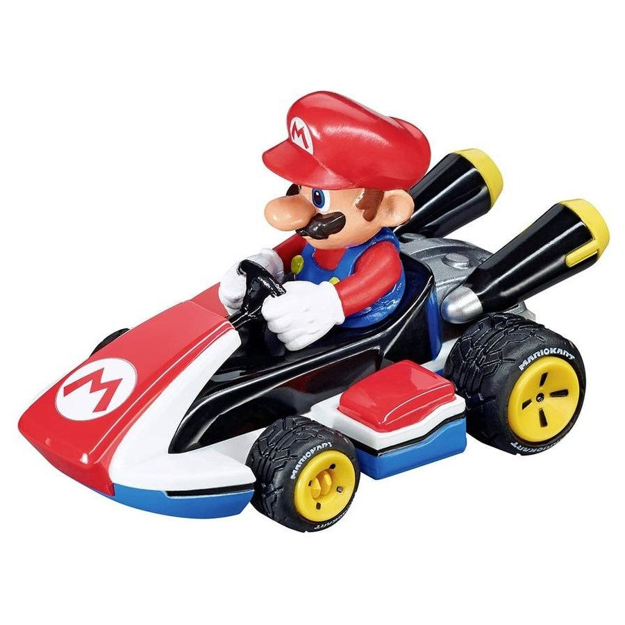 Carrera Pull & Speed Mario Kart triple pack toys featuring Mario, MK8, and Mach 8 cars for Wii gaming and racing play.