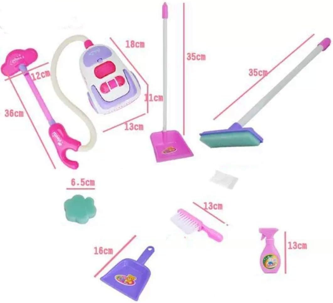 Children’s toy vacuum cleaner with cleaning kit, featuring colorful plastic parts and realistic design for kids' pretend play.