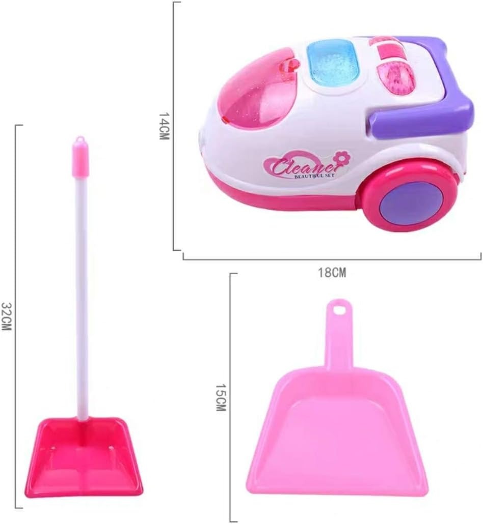 Children’s toy vacuum cleaner with cleaning kit, featuring colorful plastic parts and realistic design for pretend play.