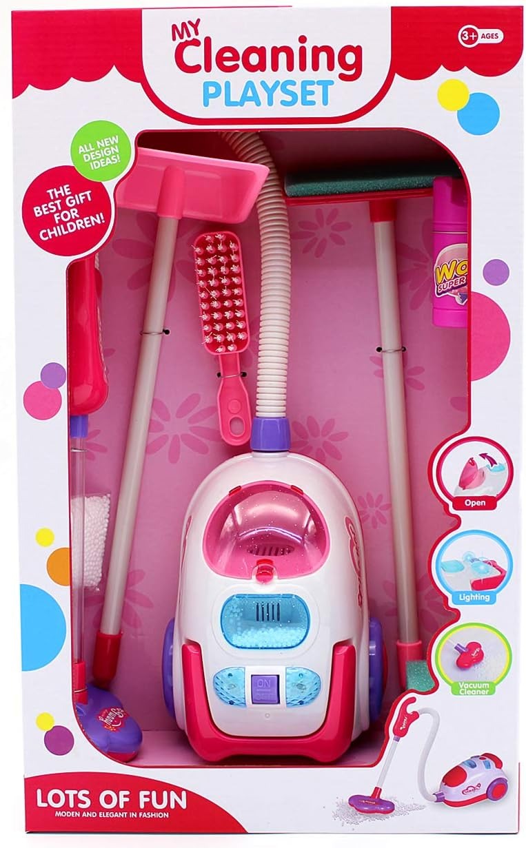 Children's toy vacuum cleaner with cleaning kit, realistic plastic playset for kids to imitate cleaning activities.