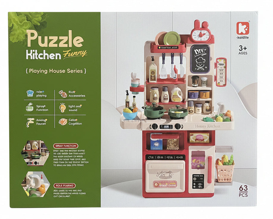 Puzzle kitchen set with 63 pieces, including toy utensils, pots, and food items, ideal for imaginative play.