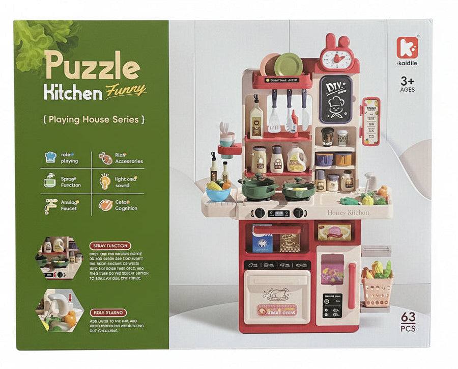 Puzzle kitchen set with 63 pieces, including toy utensils, pots, and food items, ideal for imaginative play.