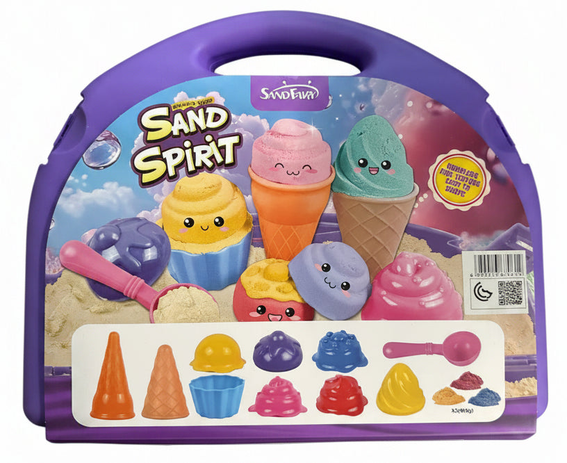 Colorful Magic Sand set with shape tools, 900g, showcasing vibrant sand and molding tools for creative play.