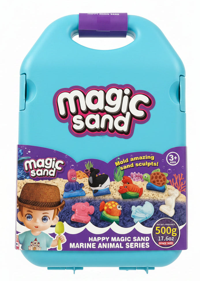 Blue and pink space-themed magic sand in a clear container, 500g package, ideal for sensory play and creative projects.