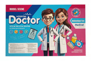 Set of hospital doctor toys including stethoscope, syringe, and medical tools for children, in colorful plastic.