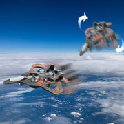Remote controlled fighter toy airplane with 2.4GHz quadcopter design, featuring sleek fighter jet details and colorful accents.