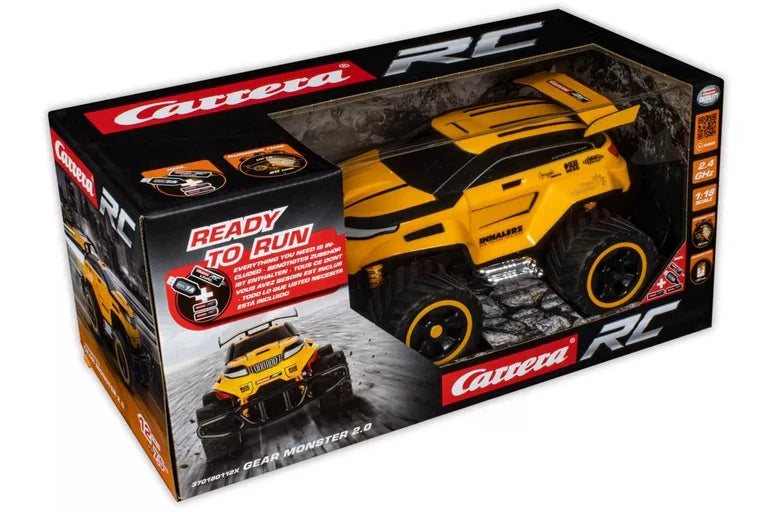 Carrera RC GEAR MONSTER2 1:18 scale toy monster truck with detailed design and vibrant colors for remote-controlled racing fun.