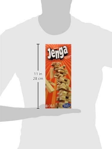 Hasbro Classic Jenga game with wooden blocks stacked in a tower, ready for stacking and game play. Made in the USA.