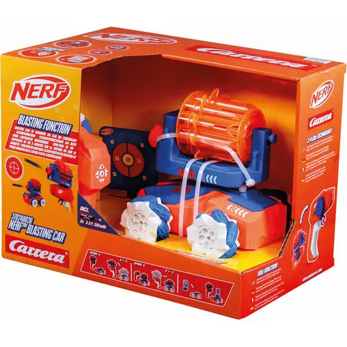 Carrera RC Nerf Blasting Car toy with remote control, colorful design, and Nerf blaster attachment for outdoor play.