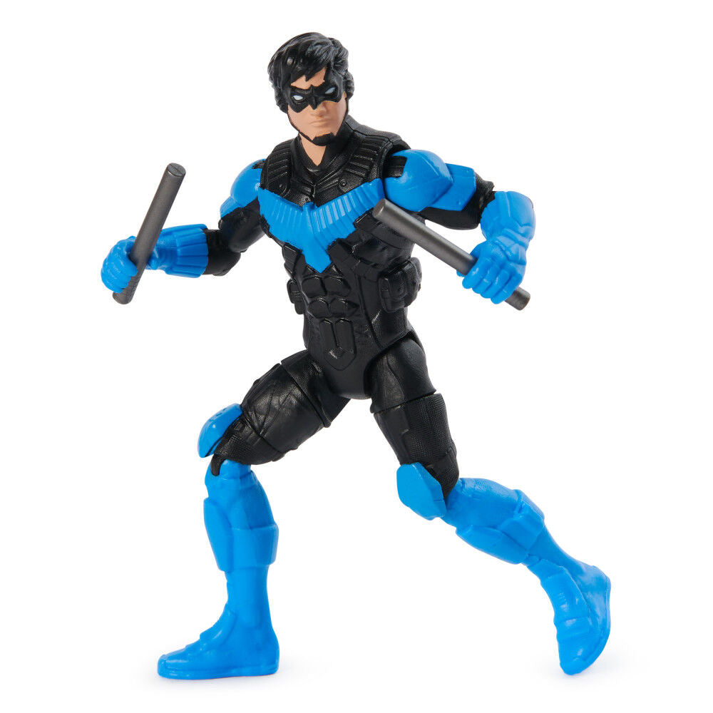Spin Master Nightwing 4-inch action figure with detailed costume and poseable limbs on a plain background.