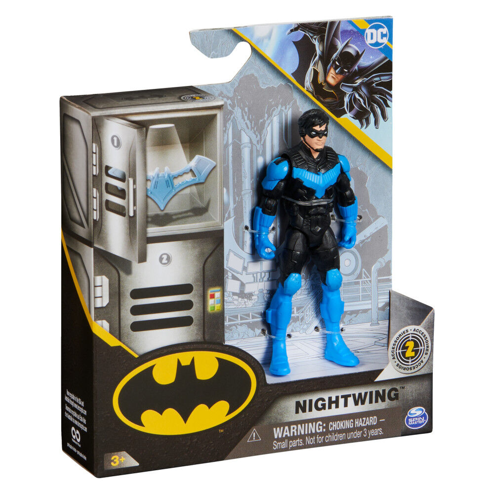 Spin Master Nightwing 4-inch action figure with detailed costume and poseable limbs, ideal for collectors and fans.