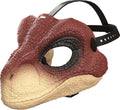 Kids wearing Jurassic World Velociraptor face helmet, realistic dinosaur design for kids' costume or playwear.