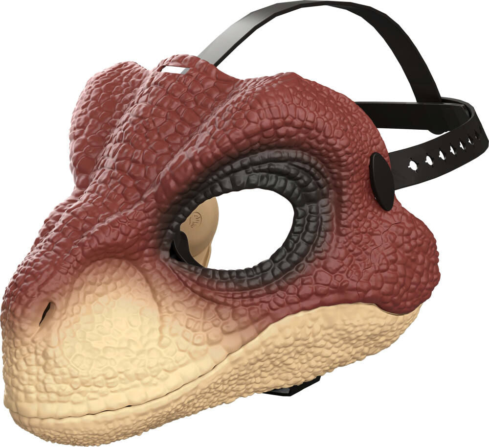 Kids wearing Jurassic World Velociraptor face helmet, realistic dinosaur design for kids' costume or playwear.