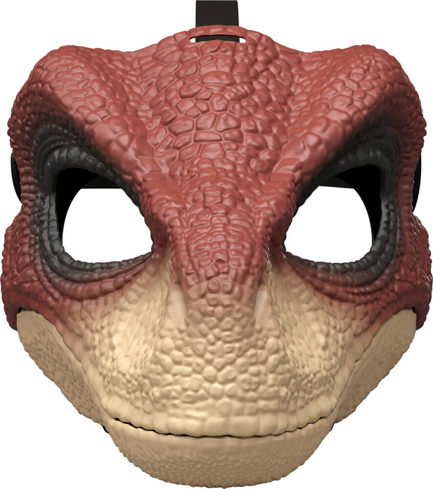 Kids wearing Jurassic World Velociraptor face helmet, featuring detailed dinosaur design for imaginative play.