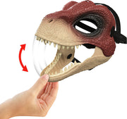 Kids face helmet styled as a Velociraptor from Jurassic World, featuring detailed dinosaur design for children.