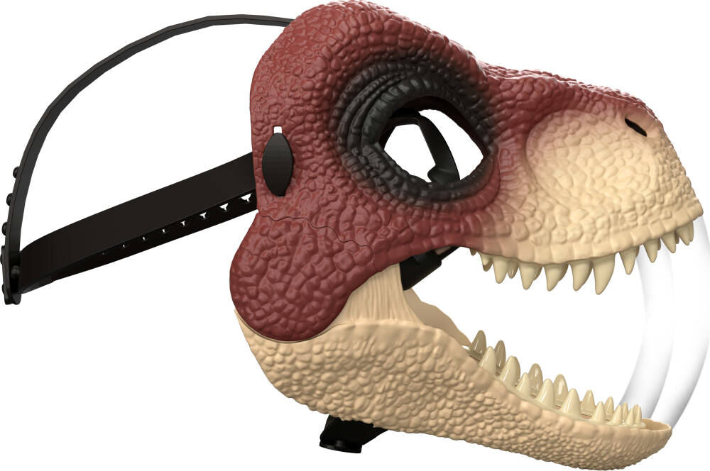 Jurassic World kids face helmet featuring a Velociraptor design, with detailed dinosaur face and green scales for outdoor play.
