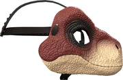 Kids face helmet styled as a Velociraptor from Jurassic World, featuring detailed dinosaur design for children.