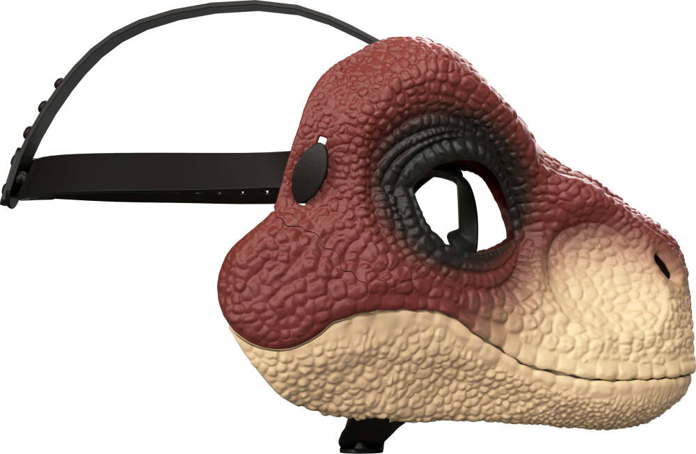Jurassic World kids Velociraptor face helmet featuring realistic dinosaur design and adjustable straps for children.