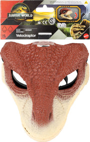 Kids face helmet styled as a Velociraptor from Jurassic World, featuring detailed dinosaur design for children.