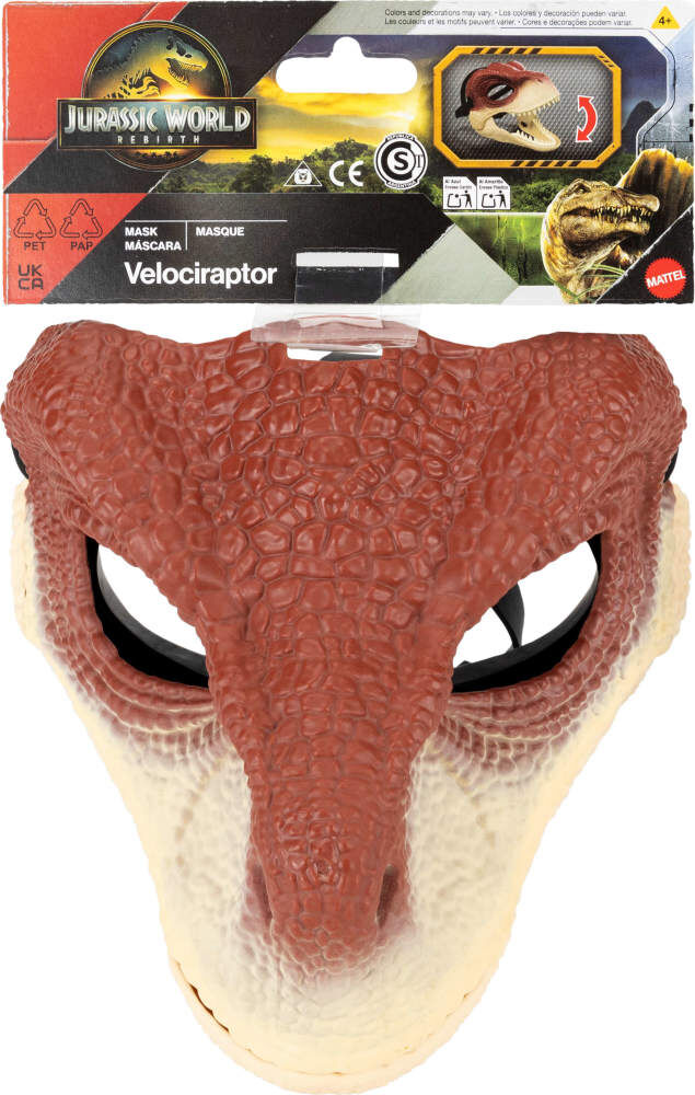 Kids face helmet styled as a Velociraptor from Jurassic World, featuring detailed dinosaur design for children.