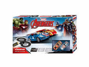 Carrera GO! Avengers slot car race track with Avengers-themed cars and track pieces, featuring colorful superhero graphics.