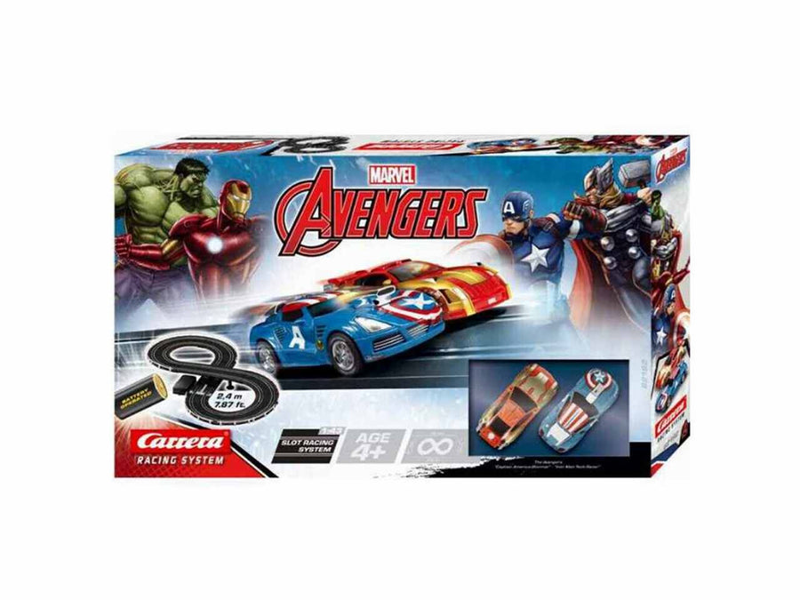 Carrera GO! Avengers slot car race set with Avengers-themed track and cars, detailed and vibrant for kids' racing fun