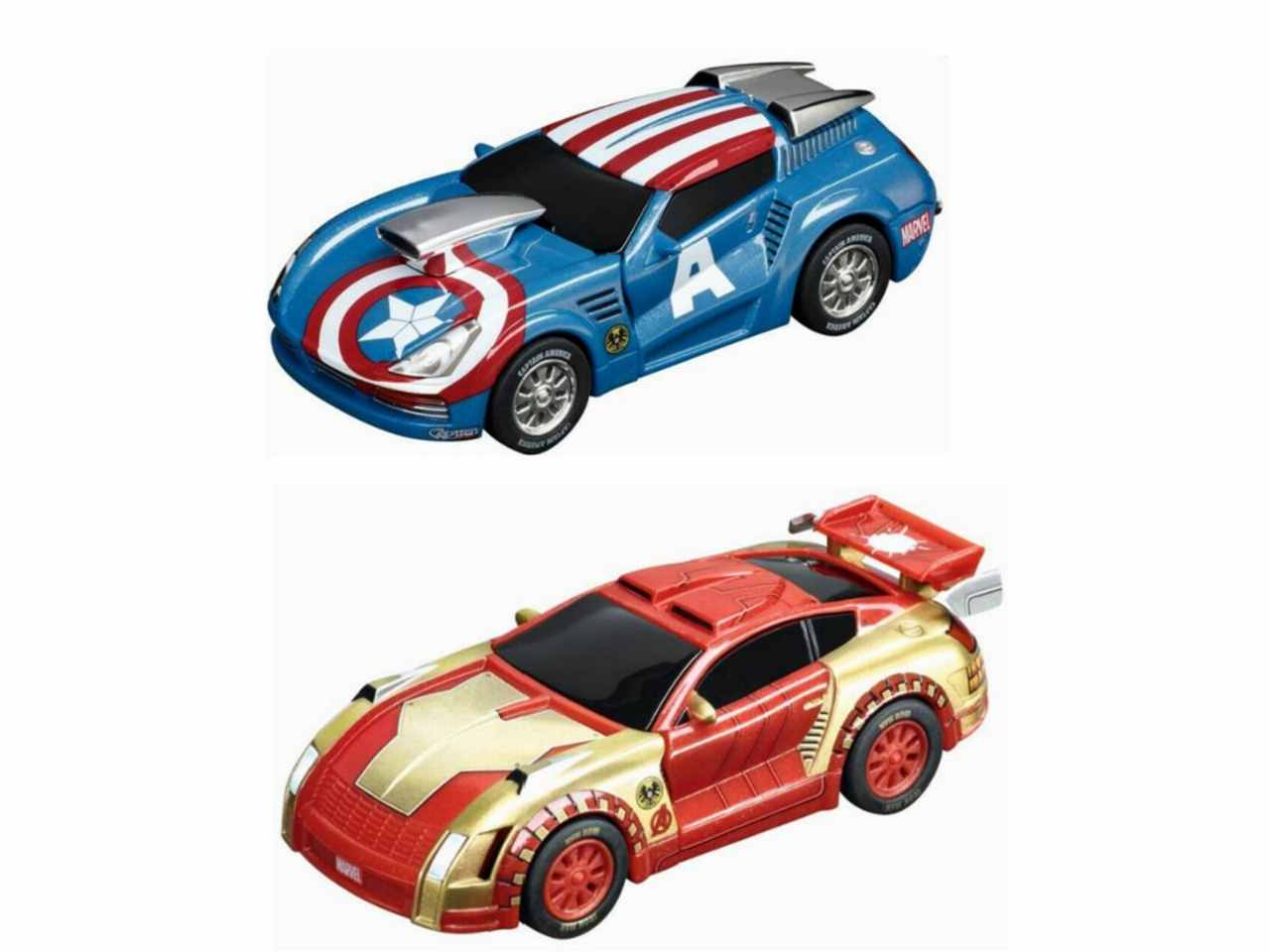Carrera GO! Avengers slot car race track with Avengers-themed cars and track pieces, featuring colorful superhero graphics.