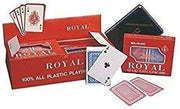 Generic Royal plastic playing cards spread out on a surface, showcasing colorful suits and face cards for card games and magic tricks.