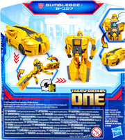 Hasbro Transformers One Cog Changer Bumblebee action figure in robot mode, featuring yellow and black detailing and automotive design.