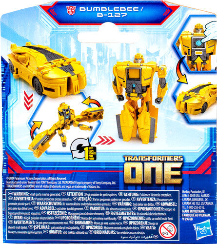 Hasbro Transformers One Cog Changer Bumblebee action figure with detailed robot and vehicle modes, featuring yellow and black design.