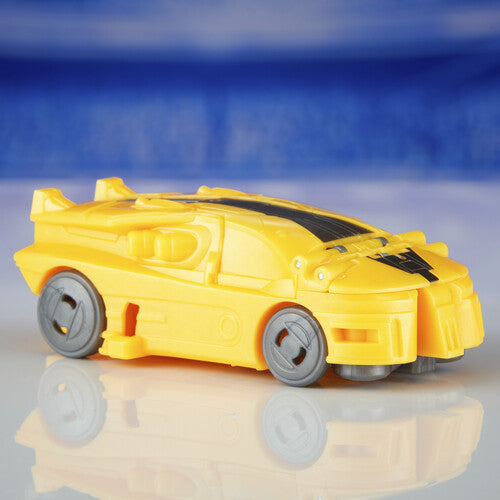 Hasbro Transformers One Cog Changer Bumblebee action figure in robot mode with yellow and black detailing.