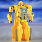 Hasbro Transformers One Cog Changer Bumblebee action figure in robot mode, featuring yellow and black detailing and automotive design.