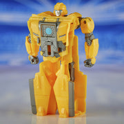 Hasbro Transformers One Cog Changer Bumblebee action figure in robot mode, featuring yellow and black detailing and automotive design.