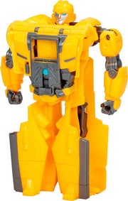 Hasbro Transformers One Cog Changer Bumblebee action figure in robot mode, featuring yellow and black detailing and automotive design.