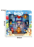 Set of nine Bluey character toys including figures and accessories, colorful playset for children’s imaginative play.