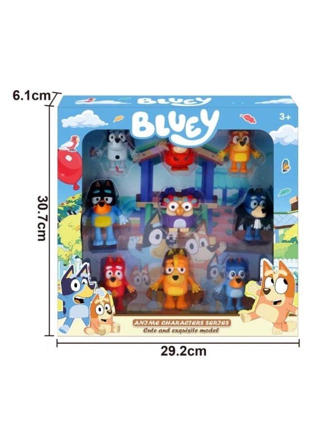 Set of nine Bluey character toys including figures and accessories, colorful playset for children’s imaginative play.