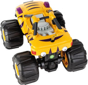 Carrera Blaze and the Monster Machines radio-controlled toy car with vibrant orange and blue design, remote control in hand.