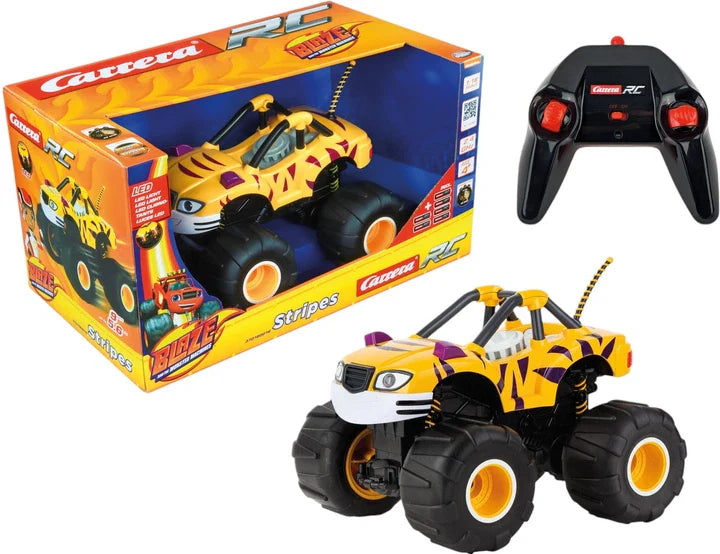 Carrera Blaze and the Monster Machines radio-controlled toy car with orange and blue design, remote control, and detailed monster truck features.