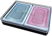 Generic Royal plastic playing cards spread out on a surface, showcasing colorful suits and face cards for card games and magic tricks.