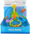 Tanny Kids Rose Rattle Toy with pink and white rose design, soft fabric, and easy-to-grip handle for infants.
