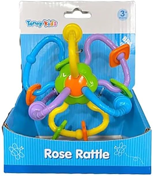 Tanny Kids Rose Rattle Toy with pink and white rose design, soft fabric, and easy-to-grip handle for infants.