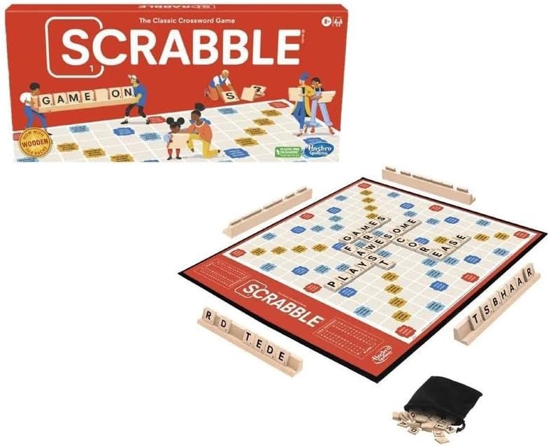 Generic Scrabble board game with letter tiles and game board, featuring a classic word puzzle design for family fun.