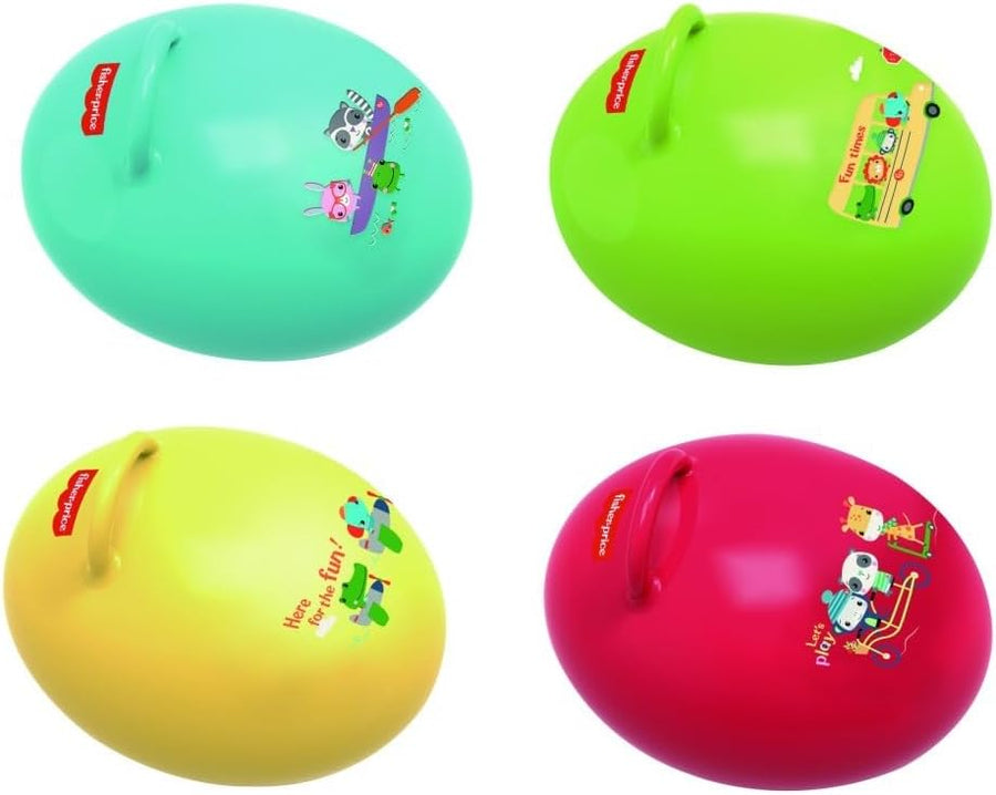 Fisher-Price Bouncy Egg with foot pump, colorful inflatable toy suitable for children, shown inflated and ready for bouncing fun.