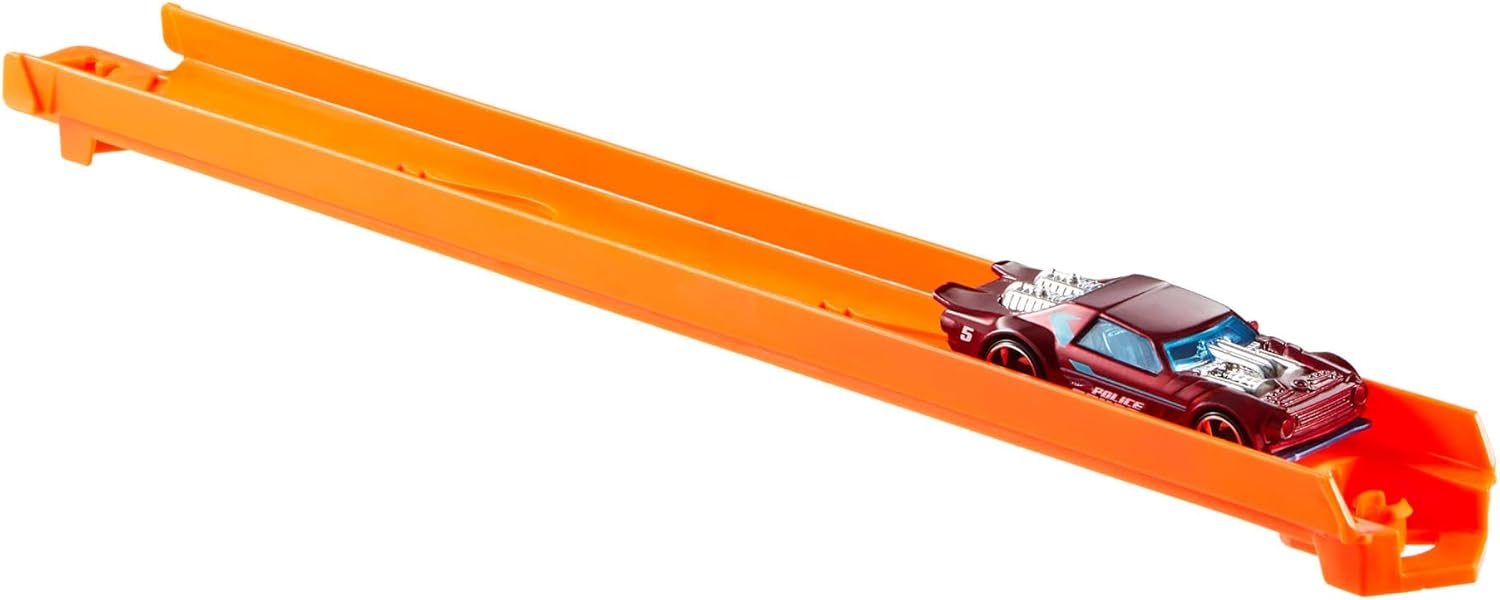 Hot Wheels toy car track set with colorful plastic tracks and cars, designed for creating custom race layouts for 1:64 scale Hot Wheels cars.