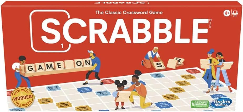 Classic Scrabble board game with letter tiles and rack, featuring a wooden game board for word play fun.