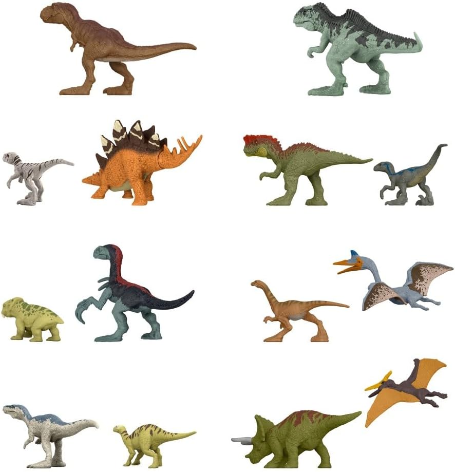 Jurassic World Dominion Minis dinosaur toy figures featuring detailed miniature dinosaurs from the Jurassic World collection.